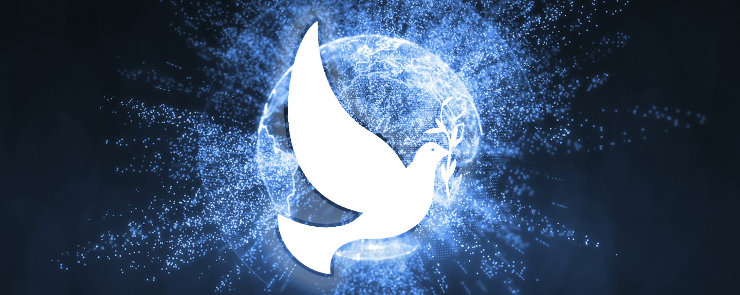 the spirtual awareness center logo of a dove with an olive branch in its beak on a background of stars